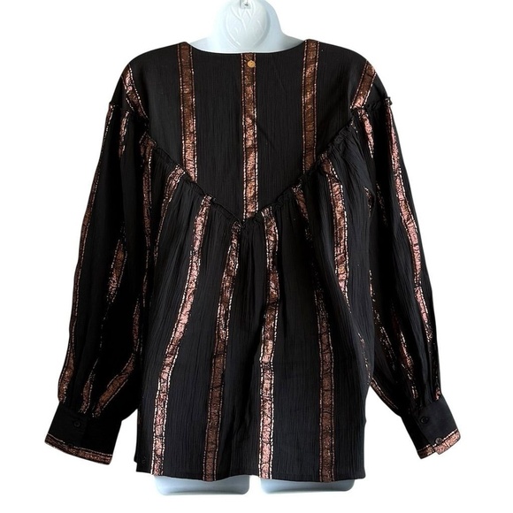 Antik Batik Striped Peasant Gauze Top Size S Black Long Sleeve Metallic Blouse - Picture 2 of 4
